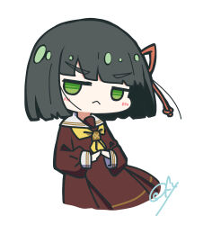 1girl :&lt; absurdres averting_eyes black_hair blunt_bangs blunt_ends blush bob_cut brown_dress closed_mouth commentary cropped_legs dress frown green_eyes hasu_no_sora_school_uniform highres link!_like!_love_live! long_sleeves looking_to_the_side love_live! medium_dress momose_ginko neckerchief oofushi_ao own_hands_together pleated_dress sailor_collar sailor_dress school_uniform short_hair sideways_glance simple_background solo standing v-shaped_eyebrows virtual_youtuber white_background white_sailor_collar winter_uniform yellow_neckerchief