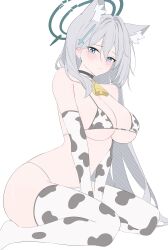 1girl absurdres alternate_costume animal_ear_fluff animal_ears animal_print bare_shoulders bell between_legs bikini black_choker blue_archive blue_eyes blush breasts choker cleavage closed_mouth cow_print cow_print_bikini cow_print_gloves cow_print_thighhighs cowbell cross_hair_ornament earrings elbow_gloves extra_ears gloves grey_hair hair_ornament halo hand_between_legs highres jewelry large_breasts long_hair looking_at_viewer print_bikini print_gloves print_thighhighs rable shiroko_(blue_archive) shiroko_terror_(blue_archive) sideboob simple_background sitting solo string_bikini stud_earrings swimsuit thighhighs thighs underboob v_arms very_long_hair wariza white_background white_thighhighs wolf_ears