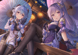 Rule 34 | 2girls, ahoge, bare shoulders, bell, black gloves, black pantyhose, bodystocking, braid, breasts, cone hair bun, cowbell, detached collar, detached sleeves, dress, dutch angle, ganyu (genshin impact), genshin impact, gloves, goat horns, gold trim, hair bun, hair ornament, highres, horns, keqing (genshin impact), lantern, long hair, long sleeves, looking at viewer, medium breasts, multiple girls, night, oil-paper umbrella, open mouth, pantyhose, paper lantern, pelvic curtain, purple dress, purple eyes, purple hair, short dress, sitting, twintails, umbrella, yuririn poi