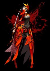 10s 1girl black_background black_hair blade_&amp;_soul blood blood_stain boots breasts cleavage female_focus flower food fruit hair_flower hair_ornament half_mask hichi highres kim_hyung_tae legs long_legs mask mouth_mask orange_(fruit) red_footwear shoes short_hair simple_background solo standing sword thigh_boots thighhighs thighs weapon
