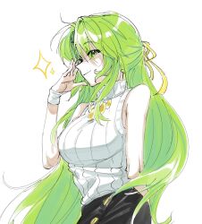 Rule 34 | 1girl, black skirt, green eyes, green hair, hair ribbon, hand up, highres, higurashi no naku koro ni, ihwa0283, long hair, ribbon, simple background, sketch, skirt, sleeveless, sleeveless turtleneck, smile, solo, sonozaki shion, sparkle, turtleneck, upper body, white background, wrist cuffs