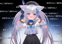 Rule 34 | 1girl, absurdres, animal ear fluff, animal ears, black hat, black sailor collar, black skirt, blue bow, blue bowtie, blush, bow, bowtie, bug, butterfly, cat ears, cat girl, commentary request, cord pull, cowboy shot, crime prevention buzzer, crime prevention buzzer threat, fortissimo, hair ornament, hat, high-waist skirt, highres, indie virtual youtuber, insect, katagiri aki, long sleeves, looking at viewer, musical note, musical note hair ornament, nail polish, open mouth, parody, pose imitation, purple eyes, purple nails, sailor collar, school uniform, shirt, shukusei!! loli-kami requiem, skirt, smile, solo, standing, straight-on, translated, virtual youtuber, white shirt, yozakura souki