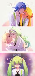 2boys 3girls 3koma @_@ absurdres antenna_hair black_neckerchief blonde_hair blue_hair blush brown_eyes comic commentary couple earrings english_commentary english_text false_smile flustered full-face_blush green_eyes green_hair hairband heart hetero highres imminent_kiss jewelry kiss kissing_cheek lonely long_hair long_sleeves low_twintails multiple_boys multiple_girls neckerchief original parted_lips purple_eyes purple_hairband shaded_face shirt sidelocks smile speckticuls steam symbol_ricochet twintails white_shirt