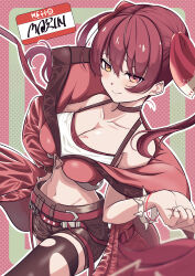 Rule 34 | 1girl, absurdres, black choker, black shorts, black thighhighs, blush, breasts, choker, cleavage, closed mouth, collarbone, cosplay, duel monster, evil twin ki-sikil, evil twin ki-sikil (cosplay), hair between eyes, hair ornament, highres, hololive, houshou marine, jacket, ki-sikil (yu-gi-oh!), large breasts, midriff, navel, pink jacket, red eyes, red hair, short hair, short shorts, shorts, smile, solo, spiked wristband, stomach, thighhighs, torn clothes, torn thighhighs, utsumichaba, virtual youtuber, yu-gi-oh!