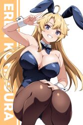 Rule 34 | 1girl, ahoge, animal ear hairband, animal ears, black bow, black bowtie, black pantyhose, blonde hair, blue eyes, bow, bowtie, breasts, character name, cleavage, detached collar, fake animal ears, feet out of frame, fishnet pantyhose, fishnets, grin, hairband, highres, kohagura ellen, large breasts, leotard, long hair, looking at viewer, ototsu (nitta225), pantyhose, playboy bunny, rabbit ears, simple background, smile, solo, strapless, strapless leotard, toji no miko, v, white background, wrist cuffs
