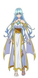Rule 34 | 1girl, anime coloring, bare shoulders, blue eyes, blue hair, breasts, closed mouth, collarbone, dress, elfaria alvis serfort, full body, gold trim, hair between eyes, highres, large breasts, long hair, long sidelocks, looking at viewer, off-shoulder dress, off shoulder, ono sayaka, open hand, pelvic curtain, sandals, side slit, sidelocks, simple background, smile, solo, standing, thighhighs, transparent background, tsue to tsurugi no wistoria, very long hair, white dress, white sandals