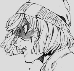 1girl arms_(game) beanie bob_cut eye_mask hat kakiyakee_(k_key_5) min_min_(arms) monochrome profile ringed_eyes scratches short_hair solo sweatdrop