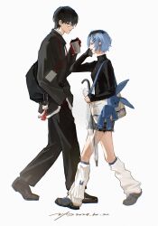 1boy 1girl :d absurdres alternate_costume animal_bag black_hair black_pants black_reaper black_shirt blue_hair from_side full_body glasses hair_ornament hairclip hand_up highres kaneki_ken kirishima_touka multicolored_hair open_mouth pants plaid_clothes plaid_skirt rabbit_bag shirt shoes short_hair simple_background skirt smile tokyo_ghoul tokyo_ghoul:re two-tone_hair vjoos white_background