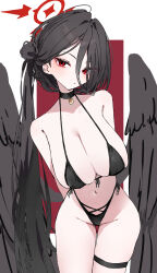 Rule 34 | 1girl, armpit crease, arms behind back, bikini, black bikini, black choker, black hair, black wings, blue archive, breasts, choker, cleavage, commentary request, feathered wings, front-tie bikini top, front-tie top, groin, hair between eyes, hair bun, halo, hasumi (blue archive), hasumi (swimsuit) (blue archive), highres, large breasts, long hair, long hair between eyes, looking at viewer, mo2upoyo, navel, official alternate costume, red eyes, side-tie bikini bottom, simple background, single side bun, solo, stomach, string bikini, swimsuit, thigh strap, very long hair, wings