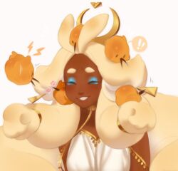 1girl :3 bird blue_dress breasts cookie_run cookie_run:_kingdom dark-skinned_female dark_skin dress happy long_hair medium_breasts midlle4 mozzarella_cookie solo very_long_hair white_dress white_hair