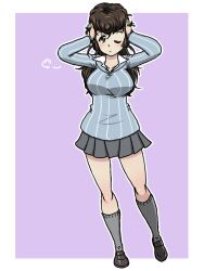 1girl black_eyes black_shoes blue_sweater breasts brown_hair closed_mouth collared_shirt girls_und_panzer grey_shirt grey_socks hands_on_own_head keizoku_school_uniform kneehighs large_breasts long_hair miniskirt one_eye_closed pleated_skirt pompadour purple_background school_uniform shirt shoes simple_background skirt socks sweater takahashi_kurage vertical-striped_sweater white_shirt yuri_(girls_und_panzer)