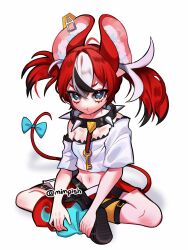 Rule 34 | 1girl, ahoge, animal ears, asymmetrical legwear, black hair, bow, breasts, cleavage, collar, commentary, crop top, cropped shirt, english commentary, hakos baelz, highres, hololive, hololive english, indian style, key, making-of available, medium breasts, mimpish, miniskirt, mismatched legwear, mouse ears, mouse girl, mouse tail, mousetrap, multicolored hair, navel, off-shoulder shirt, off shoulder, pleated skirt, pout, red hair, shirt, sitting, skirt, solo, spiked collar, spikes, tail, tail bow, tail ornament, twintails, virtual youtuber, white hair