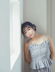 1girl arms_behind_back blue_hair brown_eyes dress flat_chest grey_dress head_tilt indoors japanese_(nationality) kobayashi_aika lipstick looking_at_viewer makeup photo_(medium) real_life short_hair smile standing voice_actor window