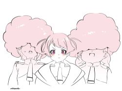 Rule 34 | 3girls, afro puffs, artist name, asticassia school uniform, big hair, braid, chuatury panlunch, closed eyes, closed mouth, commentary, frown, gundam, gundam suisei no majo, lilique kadoka lipati, long hair, looking at viewer, low twin braids, low twintails, mudou eichi, multiple girls, nika nanaura, open mouth, partially colored, pink hair, school uniform, short hair, signature, smile, sweatdrop, twin braids, twintails, v-shaped eyebrows