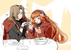 2girls black_shirt bow bowl brown_hair collared_shirt egg food freckles green_eyes hair_bow hair_intakes highres hood hooded_jacket ishmael_(project_moon) jacket jingshenhuanghu limbus_company liu_association_south_uniform long_hair multiple_girls noodles one_eye_closed orange_hair project_moon ramen red_jacket rodion_(project_moon) shirt sidelocks sparkle table very_long_hair white_bow