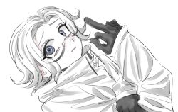 1boy aotsuki_eito black_gloves blue_eyes crossed_arms eyelashes glasses gloves hand_up jacket looking_at_viewer male_focus middle_finger open_mouth simple_background solo solo_focus the_hundred_line_-last_defense_academy- white_background white_hair white_jacket zipper_pull_tab