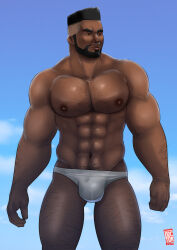 1boy 2017 abs arm_hair asymmetrical_hair bara bare_pectorals beard body_hair bulge chest_hair cum cum_on_body doctor_anfelo facial facial_hair flattop highres leg_hair male_focus male_swimwear muscular muscular_male nipples nose_piercing nose_ring original pectorals piercing sidecut sky topless_male undercut white_male_swimwear