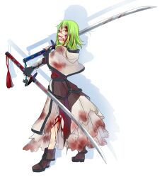 Rule 34 | 1girl, bad anatomy, bad face, black gloves, blood, blood on clothes, boots, brown boots, brown dress, capelet, commentary request, cuts, dress, dual wielding, fingerless gloves, full body, gloves, green hair, highres, holding, holding sword, holding weapon, injury, katana, long sleeves, looking at viewer, meiko (nattu303), open mouth, ragnarok online, short hair, simple background, smile, solo, sword, swordsman (ragnarok online), weapon, white background, white capelet, yellow eyes