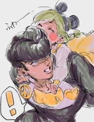 ! 1boy 1girl aged_down black_hair blue_eyes blush braid bun_with_braided_base child closed_eyes diamond_wa_kudakenai double_bun gakuran green_hair hair_bun heart higashikata_josuke jewelry jojo_no_kimyou_na_bouken kuujou_jolyne lighthouse_(lt_yummy) looking_at_another multicolored_hair peace_symbol pompadour school_uniform shirt simple_background sketch skirt spoken_exclamation_mark sweatdrop two-tone_hair white_background white_sleeves yellow_shirt yellow_skirt