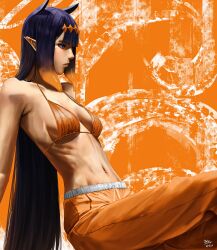 1girl absurdres bikini breasts diamond_hairband gradient_hair hairband highres hololive hololive_english long_hair multicolored_hair navel ninomae_ina&#039;nis orange_background orange_bikini orange_hair orange_hairband orange_pants pants purple_hair small_breasts solo steb swimsuit tentacle_hair virtual_youtuber