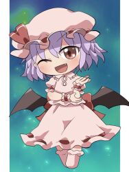 Rule 34 | 1girl, ;d, back bow, bat wings, blush, bow, chibi, chibi only, collared shirt, commentary request, fang, frilled shirt collar, frills, full body, hand up, hat, hat ribbon, highres, looking at viewer, mob cap, one eye closed, open mouth, pink hat, pink shirt, pink shoes, pink skirt, purple hair, red bow, red eyes, red ribbon, remilia day, remilia scarlet, ribbon, ribbon-trimmed skirt, ribbon trim, rokugou daisuke, shirt, shoes, short hair, short sleeves, signature, skirt, smile, solo, standing, touhou, wings, wrist cuffs