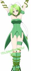 1girl absurdres armpits arms_up bare_shoulders blush boots bound breasts choker cleavage collarbone dress green_boots green_choker green_dress green_eyes green_hair highres large_breasts mew_lettuce midorikawa_lettuce open_mouth plant rise_(rise19851203) simple_background solo strapless strapless_dress sweat tokyo_mew_mew vines white_background