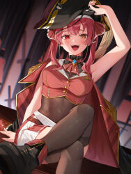 1girl absurdres arm_up ascot bicorne black_footwear black_hat black_leotard black_thighhighs blurry blurry_background blush breasts commentary dead_ma&#039;am&#039;s_chest_(houshou_marine) eyepatch eyepatch_lift hat heterochromia highres hololive houshou_marine houshou_marine_(1st_costume) jacket jacket_on_shoulders large_breasts leotard leotard_under_clothes looking_at_viewer open_mouth pirate_hat pleated_skirt red_ascot red_eyes red_hair red_vest runlan_0329 sitting skirt solo teeth thighhighs upper_teeth_only vest virtual_youtuber yellow_eyes