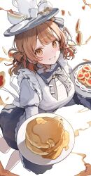 1girl alternate_costume apron balancing_on_head black_bow black_bowtie black_dress bow bowtie brown_eyes brown_hair butter coffee coffee_mug cookie cup dress food frilled_apron frills gakuen_idolmaster hair_between_eyes hanami_ume heart heart-shaped_food highres holding holding_tray idolmaster long_sleeves maid maid_apron maid_day maple_syrup mug ningen_mame pancake pancake_stack pitcher_(container) plate smile spilling tray waist_apron white_apron