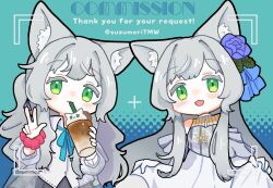 Rule 34 | 1girl, animal ear fluff, animal ears, arknights, artist name, blue background, blue flower, blue ribbon, cat ears, cat girl, coffee, collared shirt, colored eyelashes, commission, cup, dress, drinking straw, flower, green eyes, grey hair, hair flower, hair ornament, holding, iced coffee, long hair, looking at viewer, multiple girls, neck ribbon, official alternate costume, open mouth, pink scrunchie, ribbon, rosmontis (arknights), scrunchie, shirt, sidelocks, simple background, skeb commission, skirt hold, suzumori (suzumoritmw), thick eyelashes, twitter username, w, white dress, white shirt, wrist scrunchie