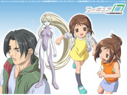 00s 1boy 3girls :d bare_shoulders black_hair blonde_hair blush bodysuit brown_eyes brown_hair dd domoto_daisuke dress figure_17 green_eyes green_vest holding_hands jacket long_hair looking_away looking_back multiple_girls open_mouth pale_skin ponytail running shiina_hikaru shiina_tsubasa short_hair siblings sisters smile standing sweater_vest twins very_long_hair vest yellow_dress