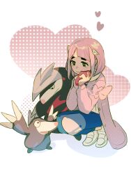 1girl arched_bangs blue_pants buttons cardigan closed_mouth commentary_request creatures_(company) drilbur evolutionary_line excadrill eyelashes game_freak gen_5_pokemon gloves green_eyes heart highres lacey_(pokemon) long_sleeves looking_down nintendo own_hands_together pants pink_hair pokemon pokemon_(creature) pokemon_sv shoes single_glove smile squatting suikaels white_footwear