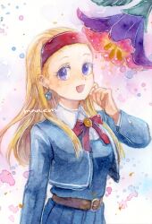 1girl :d artist_name belt blonde_hair blue_cardigan blue_gemstone bow brown_belt cardigan colored_eyelashes commentary_request dragon_quest dragon_quest_xi earrings flower flower_request gem hair_pulled_back hairband highres jewelry long_hair looking_at_viewer looking_to_the_side mnnem official_alternate_costume open_cardigan open_clothes open_mouth painting_(medium) purple_eyes purple_flower red_bow red_hairband school_uniform senya_(dq11) shirt smile solo sphere_earrings traditional_media upper_body watercolor_(medium) white_shirt women&#039;s_medal_academy_school_uniform