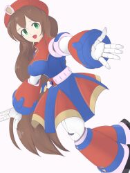 1girl :d absurdres android armor beret breasts brown_hair dress gloves green_eyes hair_ornament hat highres iris_(mega_man) joints long_hair looking_at_viewer low-tied_long_hair medium_breasts mega_man_(series) mega_man_x_(series) military_hat multicolored_dress nerigashi35 open_mouth out_of_frame outstretched_arm red_hat robot robot_girl robot_joints simple_background smile solo very_long_hair white_background white_gloves