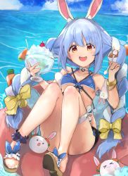 1girl :d animal_ear_fluff animal_ears bad_feet bad_id bad_pixiv_id bare_shoulders bikini blue_bikini blue_hair blue_ribbon blush bow braid breasts carrot carrot_hair_ornament carrot_print cherry choker cleavage cloud cloudy_sky collarbone commentary_request convenient_leg cup damu_(dapeach) day don-chan_(usada_pekora) food food-themed_hair_ornament food_print fruit hair_bow hair_ornament heart heart_choker highres holding holding_cup holding_spoon hololive horizon legband long_hair looking_at_viewer multicolored_hair open_mouth orange_eyes outdoors pekomon_(usada_pekora) pom_pom_(clothes) rabbit-shaped_pupils rabbit_ears rabbit_girl ribbon sandals shaved_ice sidelocks silver_hair sky small_breasts smile solo spoon swimsuit symbol-shaped_pupils teeth thick_eyebrows twin_braids twintails two-tone_hair upper_teeth_only usada_pekora v-shaped_eyebrows very_long_hair virtual_youtuber water white_choker yellow_bow