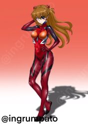 1girl :/ artist_request blue_eyes bodysuit breasts brown_hair cowboy_shot curvy eyepatch floating_hair full_body hand_in_own_hair hand_on_own_hip highres long_hair looking_at_viewer mecha_pilot_suit medium_breasts neon_genesis_evangelion plugsuit_(evangelion) rebuild_of_evangelion red_bodysuit simple_background solo souryuu_asuka_langley standing tsundere twitter_username white_background wide_hips