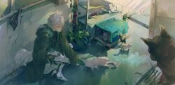1boy absurdres alley cat closed_mouth coat collared_jacket commentary green_coat grey_hair hand_on_own_knee highres honseie jacket looking_at_animal male_focus mechanical_legs outdoors petting punishing:_gray_raven short_hair sitting solo wanshi:_lucid_dreamer_(pgr) wanshi_(pgr) yellow_eyes