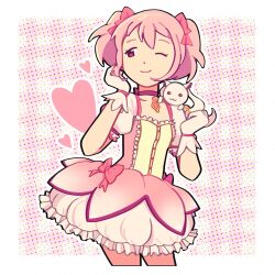 Rule 34 | 1girl, :3, ben-day dots, blunemone, bow, bubble skirt, creature, frilled gloves, frills, gingham background, gloves, heart, highres, jewelry, kaname madoka, kyubey, lolita fashion, mahou shoujo madoka magica, mahou shoujo madoka magica (anime), one eye closed, pink background, pink bow, pink eyes, pink hair, pink ribbon, puffy short sleeves, puffy sleeves, red eyes, ribbon, ring, screentones, short sleeves, short twintails, skirt, smile, soul gem, twintails