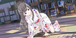 Rule 34 | 1girl, barefoot, blue reflection (series), blue reflection sun, book, bookshelf, breasts, brown hair, chair, classroom, collarbone, floral print, floral print kimono, game cg, grey eyes, highres, indoors, japanese clothes, karuta (card game), kasuga shiho, kimono, kishida mel, kneeling, long hair, long sleeves, medium breasts, non-web source, obi, official art, playing games, print kimono, sash, school chair, solo, straight hair, swept bangs, unfinished, white kimono