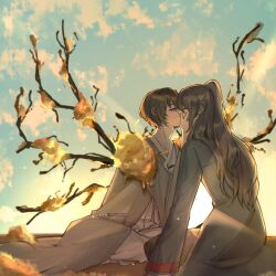 2boys black_hair branch closed_eyes e.g.o_(project_moon) flower fueledbyhonglu grey_kimono growing_out_of_body hand_on_another&#039;s_face high_ponytail highres hong_lu_(project_moon) japanese_clothes kimono kiss lcb_uniform_(project_moon) lens_flare limbus_company long_hair multiple_boys on_ground ponytail project_moon shirt short_hair spicebush_(e.g.o) very_long_hair white_shirt yaoi yellow_flower yi_sang_(project_moon)