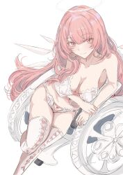 1girl absurdres arknights armpit_crease bare_shoulders blush breasts bustier cleavage commentary_request crotchless crotchless_panties detached_wings halo hand_on_own_arm highres ken_(shutenndouji1) lemuen_(arknights) lingerie long_hair looking_at_viewer medium_breasts panties pink_eyes pink_hair simple_background sitting smile solo thighhighs thighs traditional_halo underwear wheelchair white_background white_bustier white_panties white_thighhighs white_wings wings