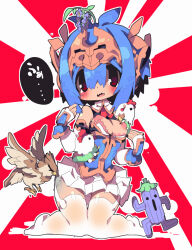 1girl blue_shirt breasts breasts_out dangomushi dissidia_final_fantasy exdeath final_fantasy full_body genderswap genderswap_(mtf) hair_between_eyes helmet kneeling large_breasts miniskirt nipples red_eyes sabotender shirt skirt solo speech_bubble sunburst sunburst_background thighhighs translation_request wavy_mouth white_skirt white_thighhighs