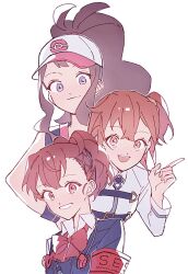 armband baseball_cap blue_eyes blue_hair bow bowtie brown_eyes brown_hair closed_mouth collared_shirt crossover fate/grand_order fate_(series) fujimaru_ritsuka_(female) gekkoukan_high_school_uniform hair_between_eyes hair_ornament hairclip hat highres hilda_(pokemon) index_finger_raised jacket long_hair long_sleeves looking_at_viewer multiple_crossover multiple_girls nintendo open_mouth orange_eyes orange_hair paitan1007 persona persona_3 persona_3_portable pokemon pokemon_bw ponytail red_armband red_bow red_bowtie red_hair school_uniform shiomi_kotone shirt sidelocks simple_background sleeveless smile upper_body white_background white_shirt