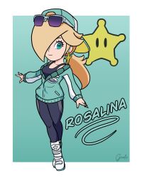 Rule 34 | 1girl, absurdres, backwards hat, black pants, black shirt, blonde hair, blue background, blue eyes, blue jacket, boots, border, character name, closed mouth, earrings, eyelashes, eyewear on head, full body, garloo, hair over one eye, hat, highres, jacket, jewelry, long hair, long sleeves, looking at viewer, mario (series), mario kart, mario kart world, nintendo, official alternate costume, outside border, pants, partially open jacket, rosalina, rosalina (touring), shirt, signature, smile, solo, star (symbol), star earrings, sunglasses, super star (mario), white boots, white border
