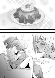 2girls age_difference between_legs blush closed_eyes commentary couple ebizuka_tomo food fruit girls_band_cry greyscale highres kiss long_sleeves lwmina70119 mole mole_under_eye monochrome multiple_girls rupa_(girls_band_cry) short_hair skirt strawberry sweatdrop yuri