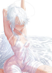 1girl ahoge arm_up armpits bare_arms barefoot blush breasts closed_eyes dress elf fantasy highres kein_hasegawa long_hair original pointy_ears see-through_clothes see-through_dress small_breasts smile stretching very_long_hair white_hair