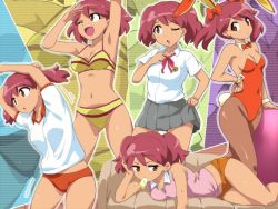 Rule 34 | 1girl, bikini, blush, breasts, cleavage, closed mouth, commentary, earrings, female focus, hairu, hinata natsumi, jewelry, keroro gunsou, leotard, looking at viewer, open mouth, pantyhose, pink hair, playboy bunny, red eyes, red hair, school uniform, short hair, smile, solo, swimsuit, twintails
