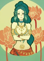 Rule 34 | 1girl, aqua choker, aqua eyes, aqua hair, aqua shirt, bare shoulders, braid, breasts, choker, cleavage, closed mouth, crop top, crossed arms, eyelashes, flower, functioningat86, kyokugen dasshutsu, kyokugen dasshutsu: 9 jikan 9 nin 9 no tobira, lips, long hair, looking at viewer, navel, shirt, smile, solo, stomach tattoo, tattoo, watch, wristwatch, yashiro (kyokugen dasshutsu)