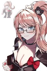 1girl absurdres bear_hair_ornament black-framed_eyewear black_shirt blonde_hair blush bow breasts cleavage commentary_request cropped_torso danganronpa:_trigger_happy_havoc danganronpa_(series) enoshima_junko glasses grey_eyes hair_ornament hamu_(ishamu) highres korean_commentary large_breasts looking_at_viewer official_art_inset ponytail red_bow red_nails semi-rimless_eyewear shirt simple_background smile solo under-rim_eyewear white_background