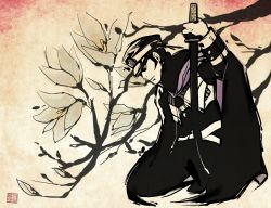 absol_(dkqthf) atlus bad_id bad_pixiv_id black_hair cape devil_summoner_(series) hat katana kuzunoha_raidou male_focus shin_megami_tensei short_hair solo sword weapon