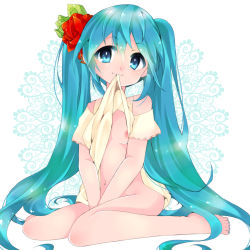 Rule 34 | 00s, 1girl, aqua eyes, aqua hair, bad id, bad pixiv id, barefoot, female focus, flat chest, flower, full body, hair flower, hair ornament, hatsune miku, long hair, mouth hold, nail polish, naked shirt, navel, nipple slip, nipples, no bra, ryuuga sazanami, shirt, sitting, solo, toenail polish, toenails, twintails, very long hair, vocaloid, wariza, white background